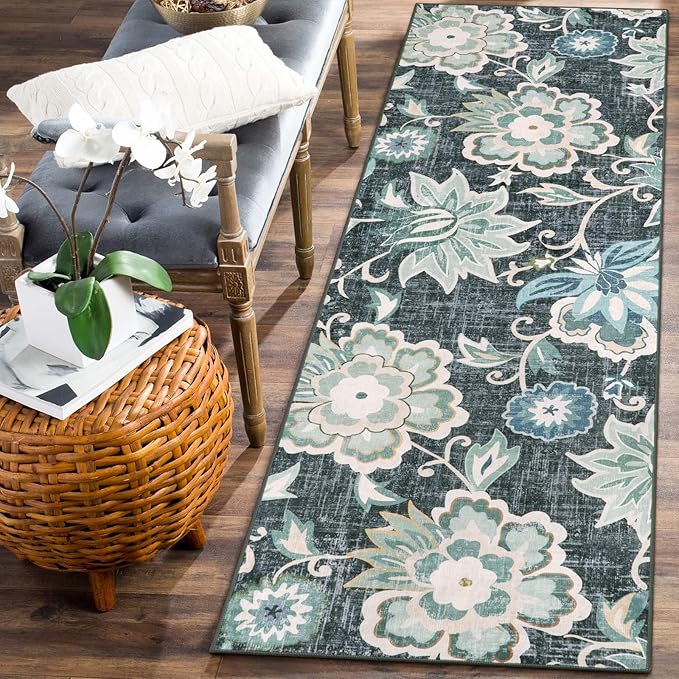 Beeiva Floral 2x6 Washable Runner, Hallway Runner Rugs with Rubber Backing, Non Slip Ultra Thin Lightweight Kitchen Rug for Bedroom Entryway Laundry Room(Blue,2'x6')