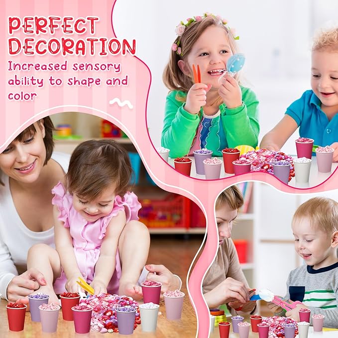 230 Pcs Valentine Fine Motor Skills Sensory Bin Filler Includes 5 Style 214 Acrylic Gems 4 Tweezers 2 Scissors Clips 10 Cups for Early Education Sorting Counting Training Development