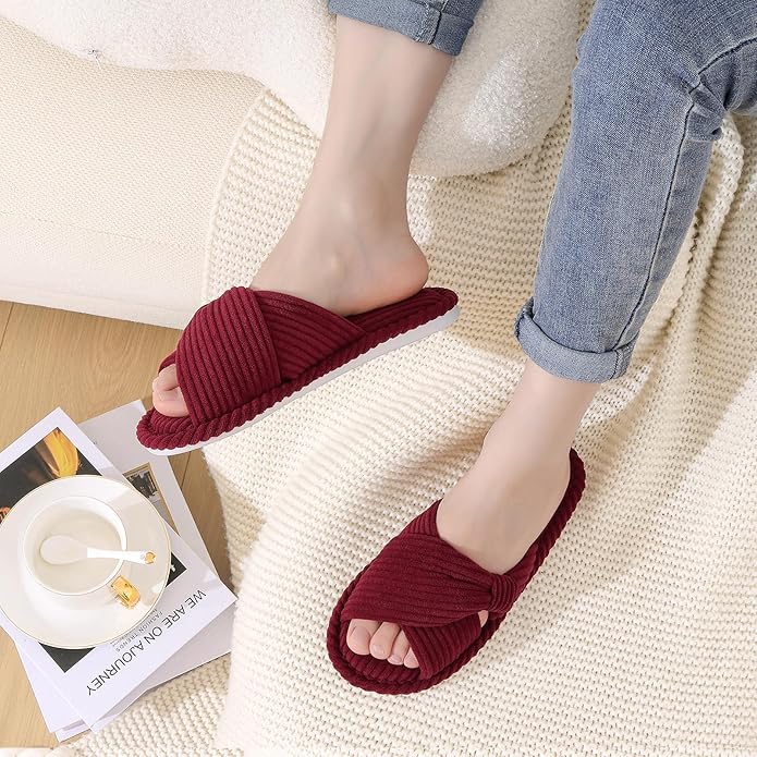 Evshine Fall House Slippers for Women Corduroy Cross Bow Indoor Slippers Open Toe Slip On Bedroom Shoes with Memory Foam