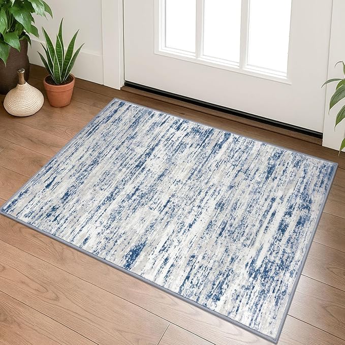 Modern Abstract Entryway Rug Indoor 2x3 Washable Rug Non-Slip Soft Small Area Rug Blue White Kitchen Mats Thin Print Faux Wool Floor Carpet Throw Rugs for Entrance Bedroom Office Home Decor