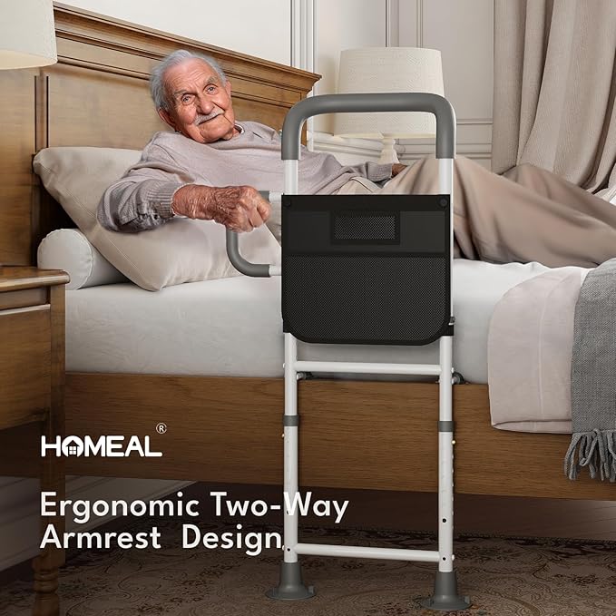 HOMEAL Bed Rails for Elderly Adults Safety - Adjustable Bedside Assist Rails for Seniors with Non-Slip Ergonomic Handle & Fixing Strap, 350 Tested,Fits Twin, Full, Queen, King Bed(Black,Without Light)