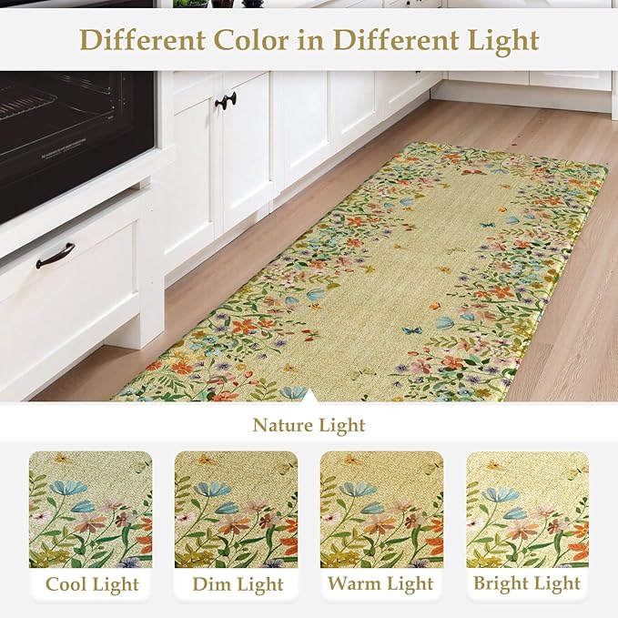 KIMODE Kitchen Mats Cushioned Anti Fatigue, Summer Farmhouse Flower Kitchen Rugs Sets of 2, Padded Kitchen Floor Mats, Non Slip Standing Mats for Sink Laundry Office Desk Brown 20"x47"+20"x32"