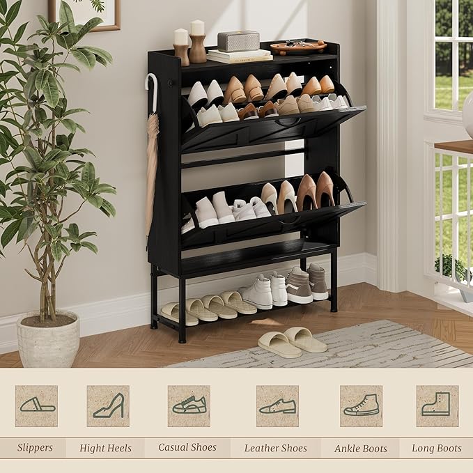 Narrow Shoe Storage Cabinet with 2 Flip Drawers & Adjustable Shelf for Entryway, Freestanding Hidden Slim Shoe Organizer Rack, Black