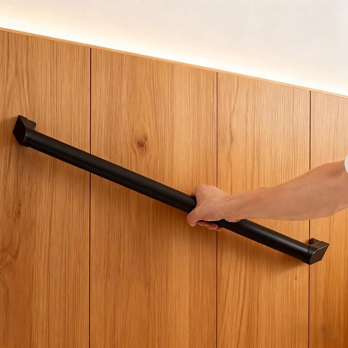 6FT Modern Aluminum Handrail Set - ADA Compliant Indoor & Outdoor Stair Railing. 1.4" Diameter Grab Bar. Wall-Mounted with 90°Wall Return End. Rust-Free, (6 FT Matte Black- Two Joined Pieces)