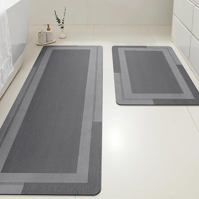 Ultra Thin Bath Mat, Upgrade Backing Non Slip Thin Bath Mats Fit Under Door, Quick Dry Ultra Absorbent Bathroom Rugs, Machine Washable Bath Rugs for Bathroom, Bathtub, Grey/Bordered/24"x17"+48"x20"