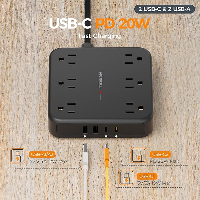 TESSAN 10Ft Black Extension Cord with Multiple Outlets, Flat Plug Surge Protector Power Strip with 6 Outlets and 4 USB Ports (2 USB C), PD 20W Fast Charger, 2100J Protection, for Home, Office, Dorm