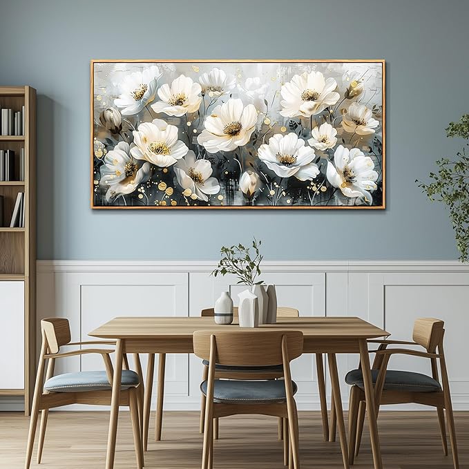 PHAOHUAXM Wall Decor For Living Room Canvas Wall Art For Bedroom Office Print Artwork White Ink-Wash Flower-Shaped Wooden Frame Murals Artwork For Modern Posters Restaurant Home Decoration 20"X40"
