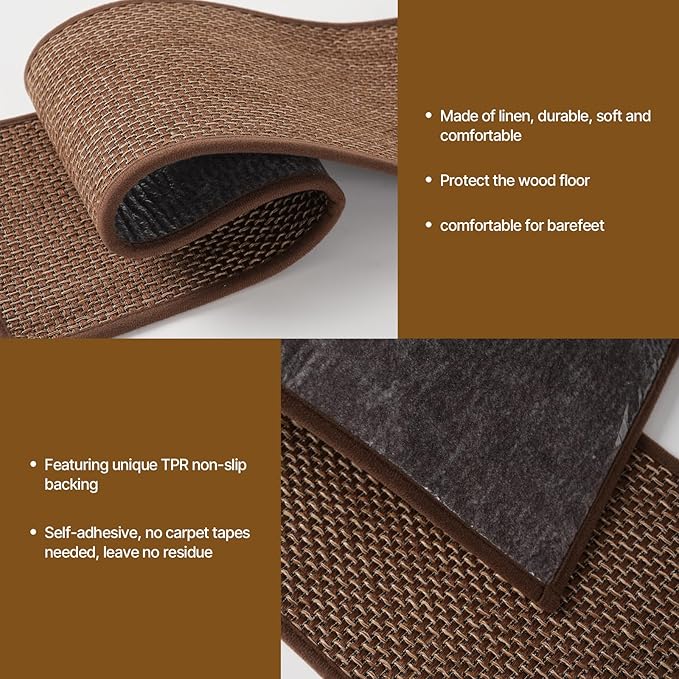 Non Slip Stair Treads for Wooden Stairs Indoor,8" x 30" Staircase Step Treads,100% Linen,Reusable Adhesive,for Kids,Seniors& Dogs(Brown,15 pcs)
