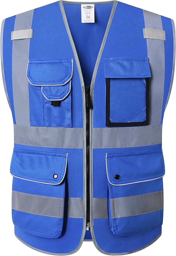 JKSafety 9 Pockets Class 2 High Visibility Zipper Front Safety Vest With Reflective Strips,Meets ANSI/ISEA Standard (5X-Large, 150-Blue)
