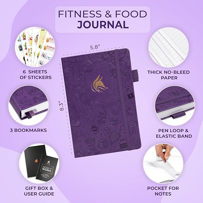 Clever Fox Fitness and Food Journal Premium – Guided Daily Workout, Meal & Weight Loss Tracker for Women & Men – Exercise Diet Planner (Purple)