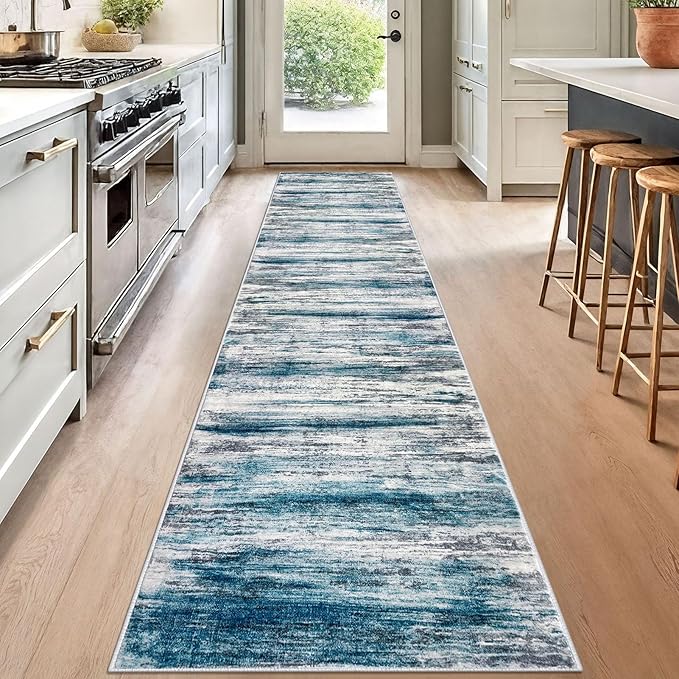KOZYFLY Modern Abstract Hallway Runner, 2x12 Washable Rug Runner Non-Slip Soft Striped Kitchen Runner Rug, Light Blue Print Carpet for Entryway Bathroom Laundry Room Foyer
