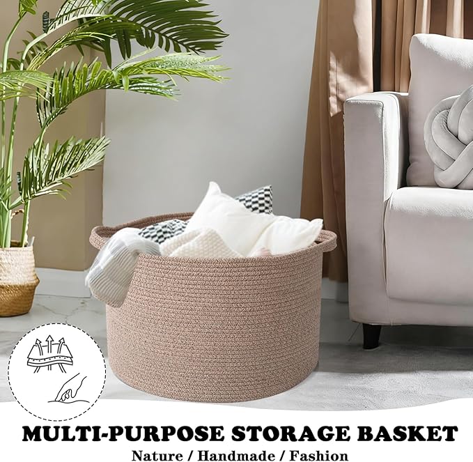Large Storage Basket with Handle,19.7" L x 19.7" W x 13" H Blanket Basket Storage Bins for Organizing,65L Cotton Rope Woven Baskets for Living Room, Nursery ,Bedroom,Brown
