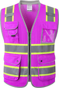 JKSafety 9 Pockets Hi-Vis Safety Vest High Visibility Reflecitive Mesh Safety Vests for Men and Women Cushioned Collar Work Utility PPE Work Gear ANSI/ISEA compliant(101-Purple XL)