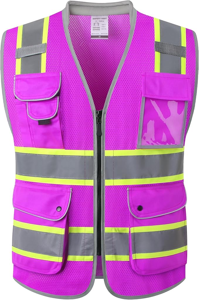 JKSafety 9 Pockets Hi-Vis Safety Vest High Visibility Reflecitive Mesh Safety Vests for Men and Women Cushioned Collar Work Utility PPE Work Gear ANSI/ISEA compliant(101-Purple XL)