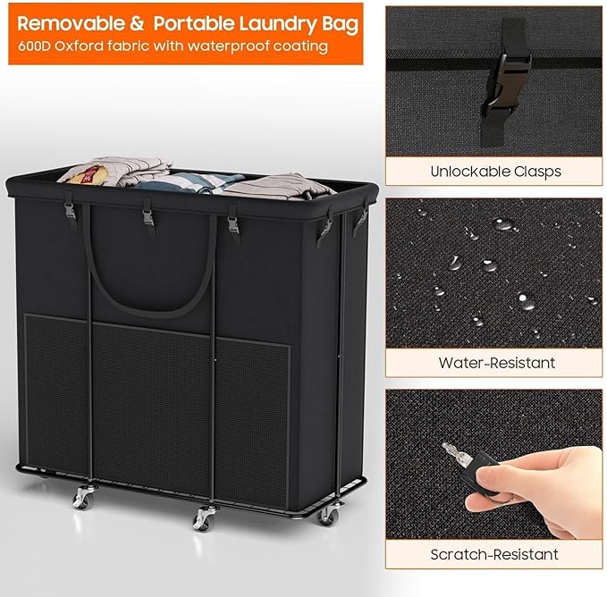 320L Laundry Hamper with Wheels, Rolling Laundry Basket with Metal Frame and Removable Bag, Large & Tall Dirty Clothes Hampers for Bedroom Aesthetic, Laundry Room, Bathroom, Dorm-Black