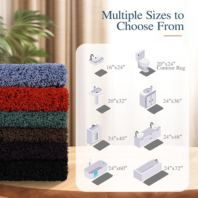 Walensee Contour Rug (20x24, Blue) Non Slip Bath Mat for Bathroom Water Absorbent Soft Microfiber Shaggy Mat Machine Washable U Shape Toilet Rug