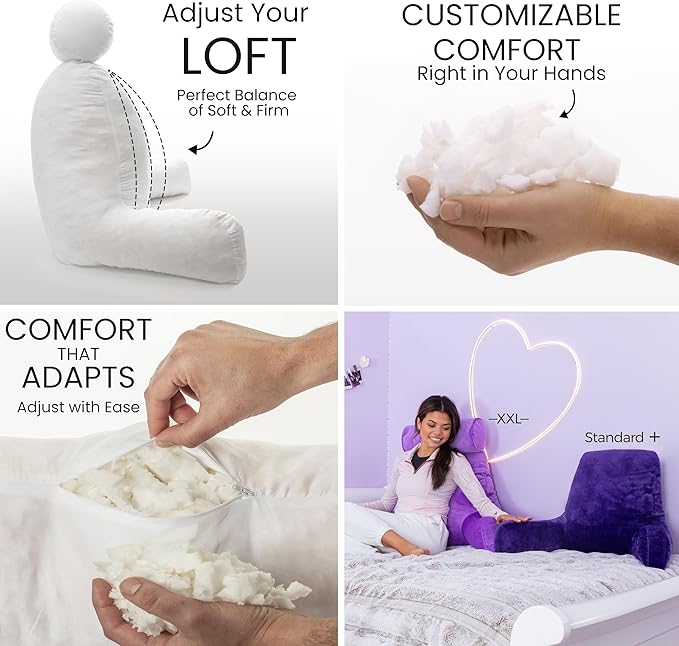 Husband Pillow Purple, Original Reading Pillow in Bed Rest Chair, Shredded Memory Foam Large Lounge Cushion Adult Backrest with Arms, Comfy Back Support for Sit Sitting Up, Washable/Removable Cover