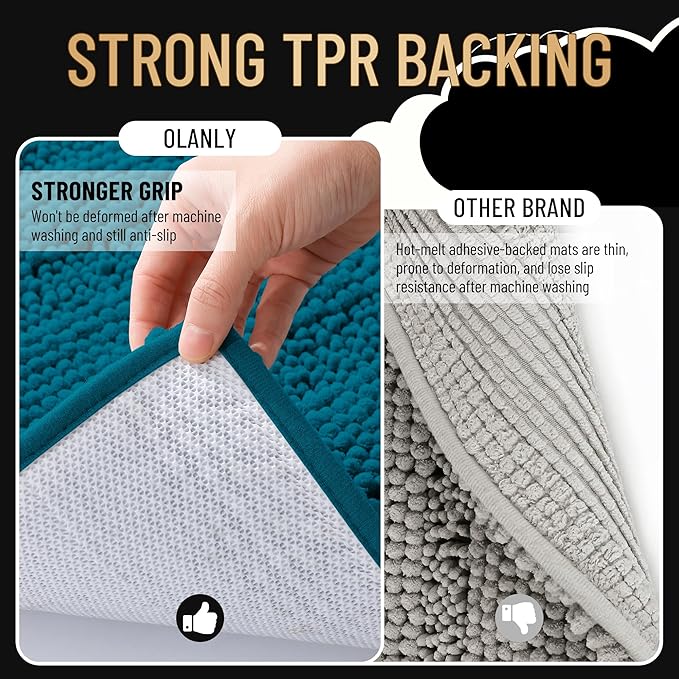 OLANLY Thick Bathroom Rugs 30x20, Extra Soft Absorbent Chenille Striped Bath Rugs, Rubber Backing, Machine Wash Dry, Bath Mats for Bathroom Floor, Tub and Shower, Home Decor Accessories, Peacock Blue