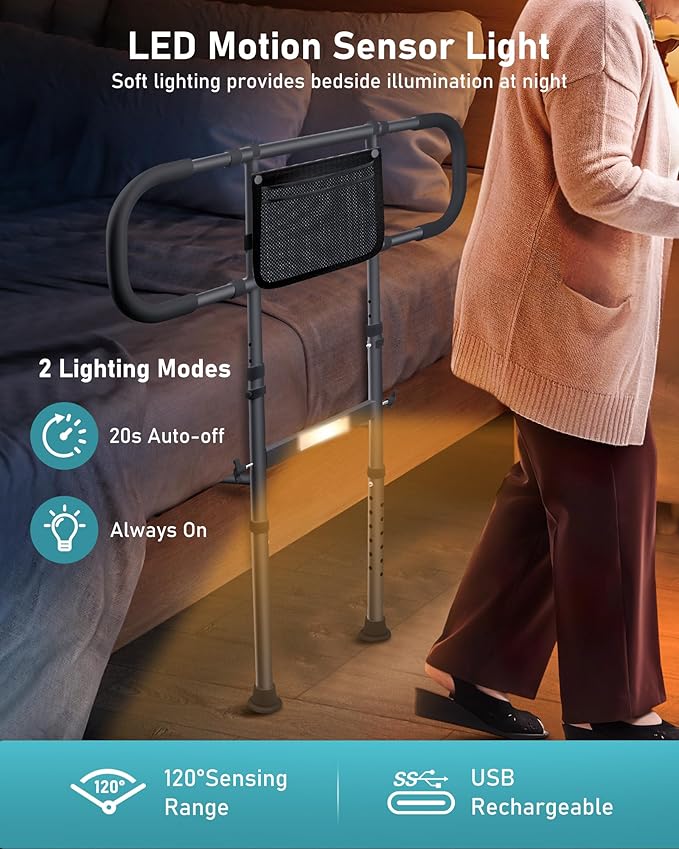 AMOVO Bed Rails for Elderly Adults Safety Bed Guard Rails for Seniors Extended Handle Bed Assist Rail with Sensor Light Storage Pouch, Stable Bedside Cane Support Bar Grab, Fit King Queen Full Twin