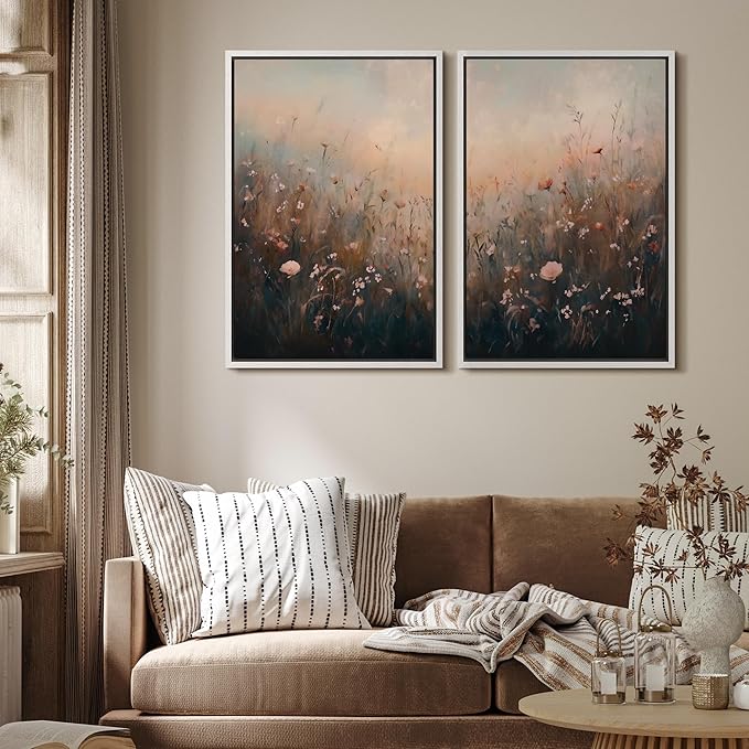 MUDECOR Framed Canvas Print Wall Art Forest and Lake Landscape Vintage Nature Scenery Illustrations Modern Art Decorative Bohemian Chic for Living Room, Bedroom, Office - 16"x24"x2 White