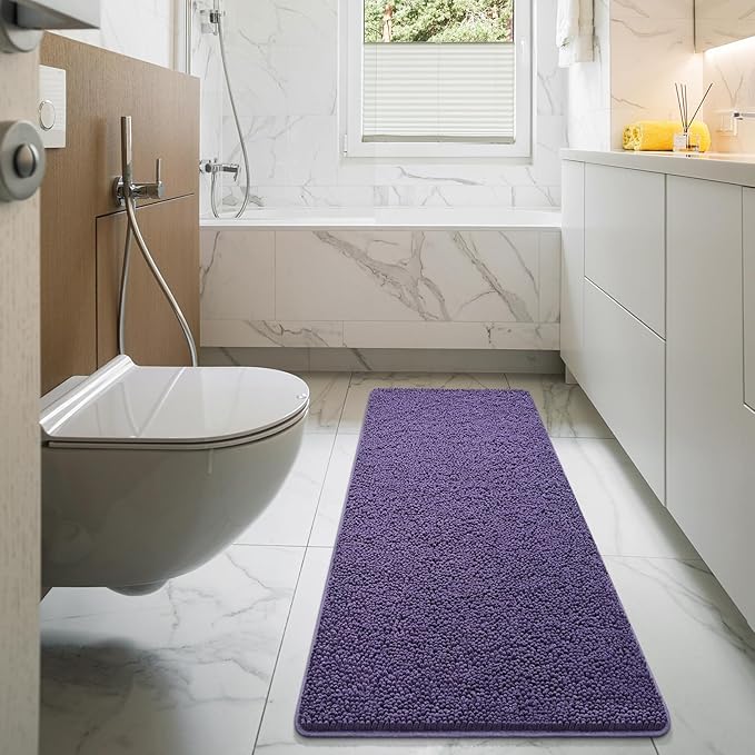 LOCHAS Luxury Bathroom Rug Shaggy Bath Mat 24 x 60 Inch, Washable Non Slip Bath Rugs for Bathroom Shower, Soft Plush Chenille Absorbent Carpets Mats, Dark Purple