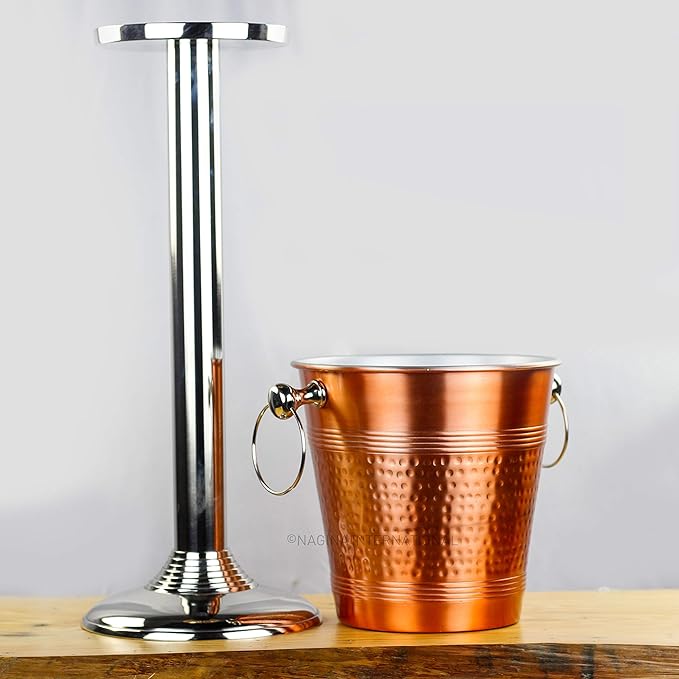 Hammered Copper Lightweight Ice Bucket |Highly Conductive Cooler & Cellar Bucket with Nickel Plated Free Stand | Kitchen Ware & Bar Wares