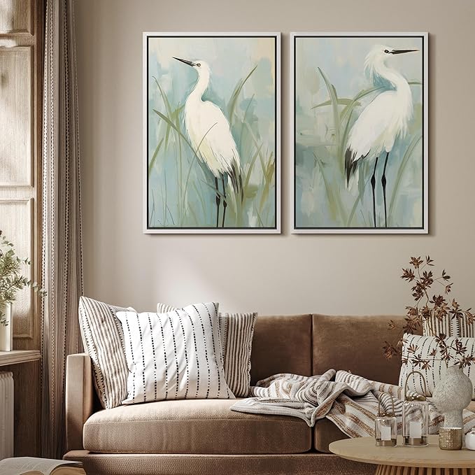 MUDECOR Framed Canvas Print Wall Art White Heron Pair in Marsh Coastal Illustrations Modern Art Decorative Bohemian Colorful for Living Room, Bedroom, Office - 16"x24"x2 White