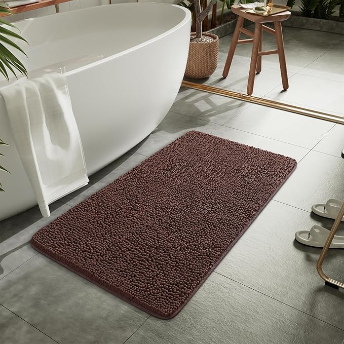 LOCHAS Luxury Bathroom Rug Shaggy Bath Mat 24 x 36 Inch, Washable Non Slip Bath Rugs for Bathroom Shower, Soft Plush Chenille Absorbent Carpets Mats, Brown