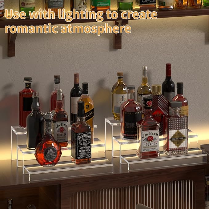 2 Pack Tiers Bar Shelves for Liquor Bottles, 15" Clear Acrylic Risers Display Racks Stands for Figures Pops Cupcake Perfume Collections (Clear)