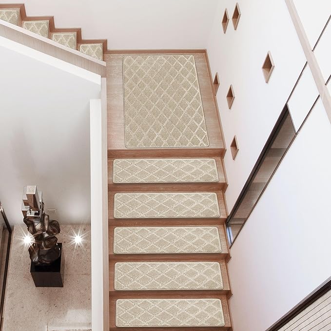PURE ERA Carpet Stair Treads Tape Free Non Slip Indoor Stair Carpet Stair Protectors Pet-Friendly Non-Slip Skid Resistant Washable Reusable 8" x 30"(2 Pieces,Cream Gray Diamond Trellis)