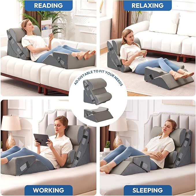 6PCS Wedge Pillow Set for After Surgery, Sit Up Pillow for Bed, Back Support Pillow, Bed Wedge for Shoulder, Leg Pain Relief, Post Surgery Pillow for Sleeping, Acid Reflux, Grey