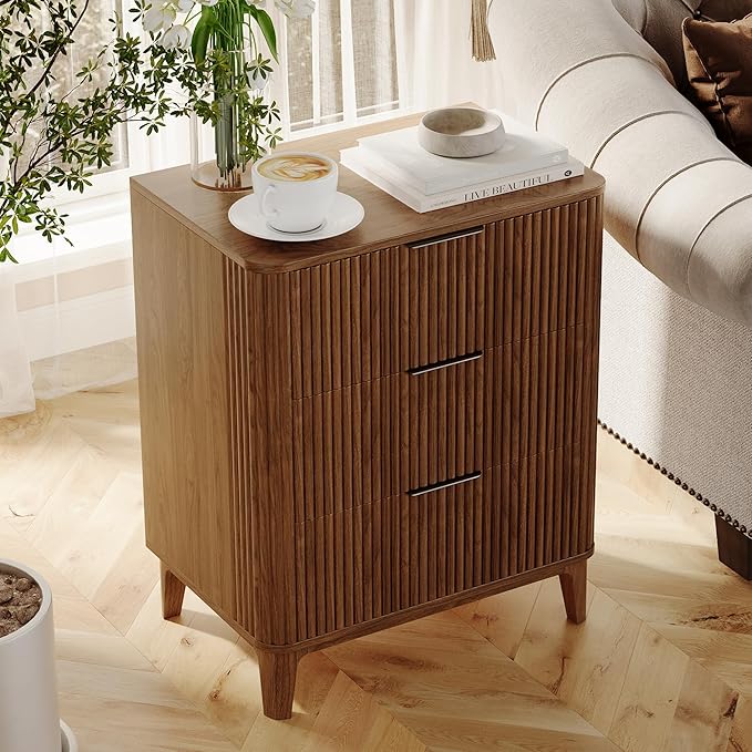 23.6" Mid Century Modern Night Stand with 3 Drawers, Large 3 Drawers Bedside Table with Quiet Drawers & Metal Handles, Fluted 3-Drawer Dresser Rustic Wood 3 Drawer Storage End Table Bedroom Walnut