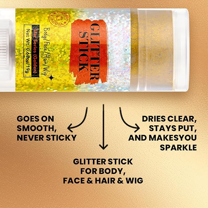 MEICOLY Gold Face Body Glitter Stick,Music Festival Accessories Outfits for Women,Sparkle Glitter Makeup for Face/Body/Hair/,Hair Glitter,Mardi Gras Accessories,Fine Glitter