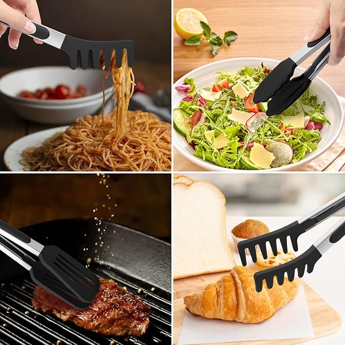 3 Pack Silicone Tongs for Cooking,Maywe Tanso 9 Inch Cooking Kitchen Tongs with Silicone Tips,Nonstick Stainless Steel Tongs for Steak Pie Pizza Pasta Spaghetti Salad BBQ Buffet