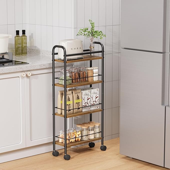 Slim Storage Cart, 4-Tier Narrow Rolling Cart with Handle, 5.9 Inches Deep, Slim Bathroom Shelf for Small Spaces, Kitchen, Dining Room, Living Room, Bathroom, Laundry Room, Rustic Brown