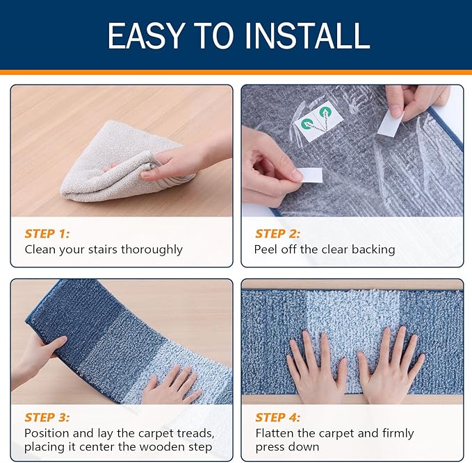 OLANLY Stair Treads Non Slip 15PCS, 8" x 30" Indoor Stair Runners for Wooden Steps, Edging Stair Rugs with Reusable Peel and Stick Adhesive for Kids Elders and Pets, Light Blue
