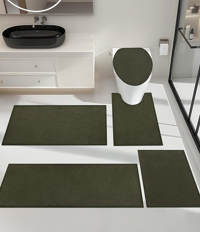 YIHOUSE Bathroom Rugs Mats Sets 5 Pieces, Ultra Thin Bath Mat Absorbent Non Slip Bath Rugs for Bathroom Washable, Shower, Sink, Laundry (Dark Green, 5 Pieces)