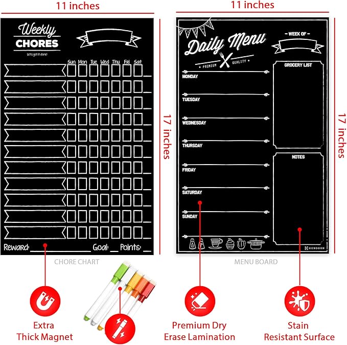 Magnetic Dry Erase Chore Chart and Menu Board Set for Kitchen Fridge - 11" x 17" Responsibility & Behavior Refrigerator Reward Incentive for Kids - 11" x 17" Weekly Meal Planner Blackboard