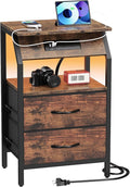 End Table with LED Lights, Nightstand with 2 Drawers and Type C Charging Station, Small Fabric Dresser for Bedside, Storage Side Table for Living Room Dorm, Rustic Brown