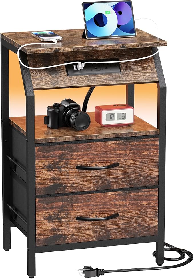 End Table with LED Lights, Nightstand with 2 Drawers and Type C Charging Station, Small Fabric Dresser for Bedside, Storage Side Table for Living Room Dorm, Rustic Brown