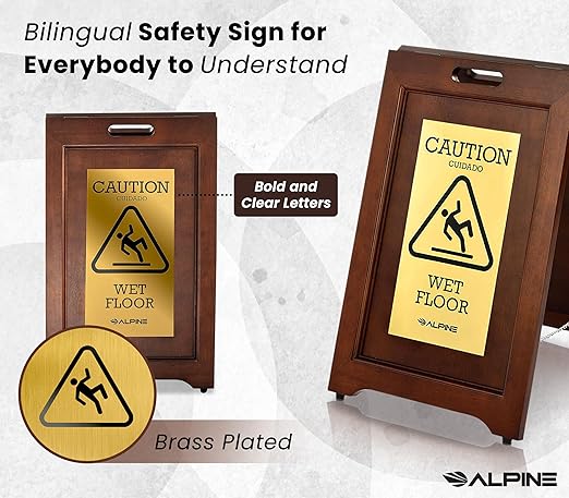 Wooden Caution Wet Floor Sign Slippery A-Frame with Bold Bilingual Safety Message, High-Grade Wood Finish, Brass-Plated for Restaurants, Offices, Hospitality & Retail Centers By Alpine Industries