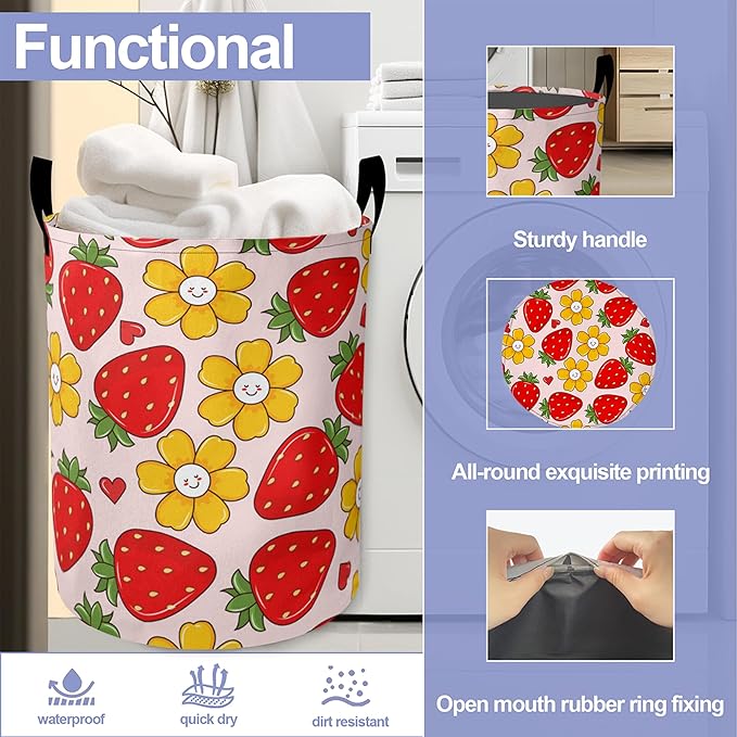 Groovy Strawberry Laundry Basket-Large Foldable Hamper Holder Portable Tall Collapsible Laundry Hamper Storage Basket Bin with Handles, Canvas & Waterproof lining for Household Items