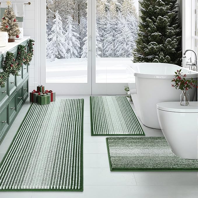 BSICPRO Bathroom Rugs Sets 3 Piece, Toilet Rugs U-Shaped Contour Bath Mat Set, Large Striped Non Slip Absorbent Chenille Shower Mat, Hunter Green