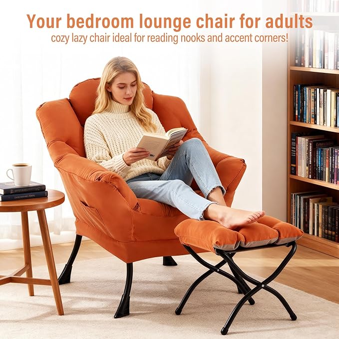 Lazy Chair with Ottoman, Modern Chair with Folding Footrest, Lounge Accent Chair, Comfortable Reading Chair, Oversized Armchairs for Bedroom, Study, Living Room, Courtyard, Orange