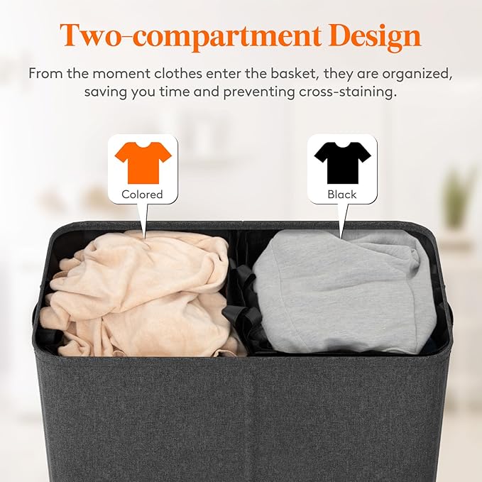 Lifewit Double Laundry Hamper with Lid and Removable Laundry Bags, Large Collapsible 2 Dividers Dirty Clothes Basket with Handles for Bedroom, Laundry Room, Closet, Bathroom, College, 145L Dark Gray