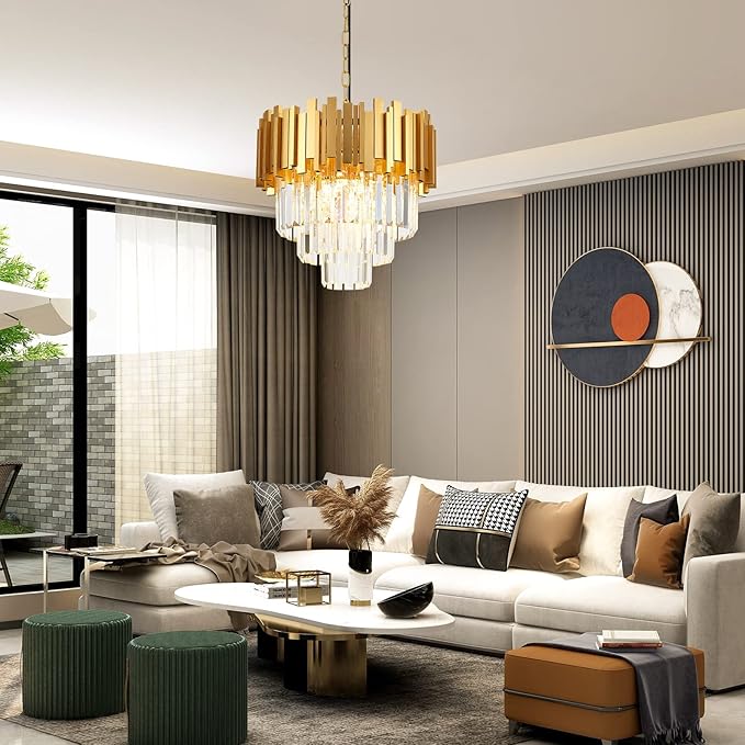 3-Tier 15.8" Crystal Gold Chandelier Modern Crystal Pendant Chandeliers 5 Lights Round Hanging Lighting for Dinning Room Kitchen Island Bedroom Living Room Foyer Entryway, E12