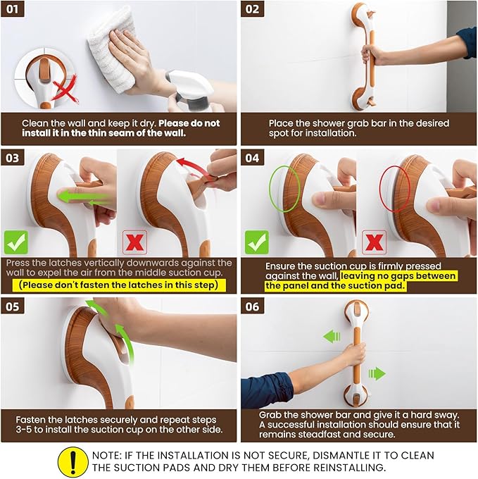 TAILI Shower Grab Bar 16 Inch Suction Cup Grab Bars for Bathroom, Removable Shower Safety Handle Heavy Duty Bathtub Grip for Seniors & Elderly, Strong Handrails No Drilling Waterproof, Wood Grain