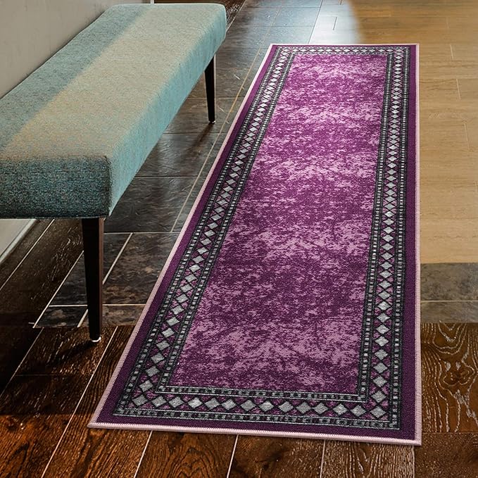 Antep Rugs Alfombras Modern Bordered 2x10 Non-Skid (Non-Slip) Low Profile Pile Rubber Backing Indoor Area Runner Rugs (Purple, 2' x 10')