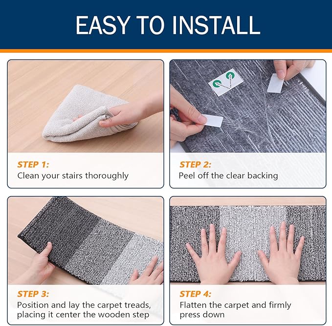 OLANLY Stair Treads Non Slip 15PCS, 8" x 30" Indoor Stair Runners for Wooden Steps, Edging Stair Rugs with Reusable Peel and Stick Adhesive for Kids Elders and Pets, Grey