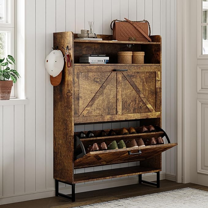 Shoe Cabinet with 2 Flip Drawers, 45" Freestanding Narrow Wood Shoe Storage Cabinet with Metal Legs and Hooks, Slim Shoe Rack Organizer for Entryway, Hallway, Brown
